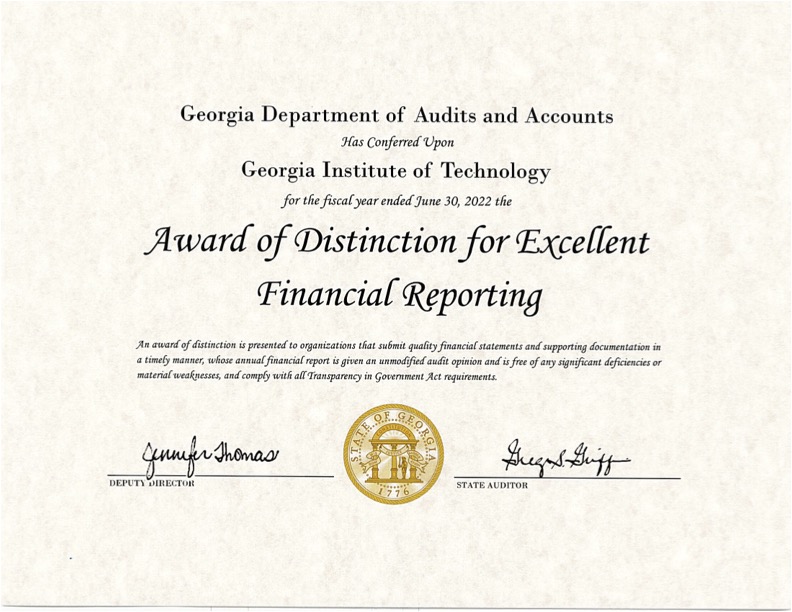 Georgia Tech Receives Award for Excellence in Financial Reporting